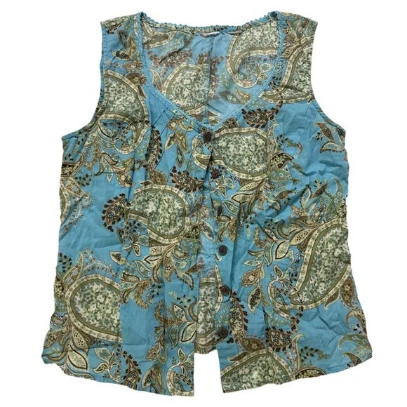 Y2K women's blue/multi floral paisley print button up sleeveless blouse, S-M. - Picture 3 of 4